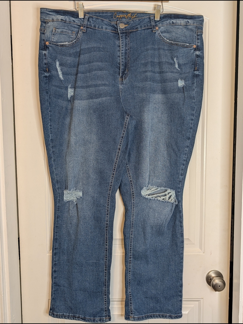 Copperflash Plus Size High Rise Slim Straight Distressed Denim Blue Jeans